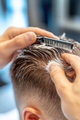 Fototapeta premium A barber applies wax to thin hair before styling . 