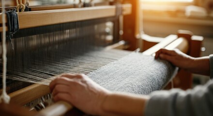 Hands weaving fabric on traditional loom, close-up