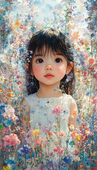 Child in a field of flowers, portrait, sunny day, artistic, for use in children's books, cards, or social media