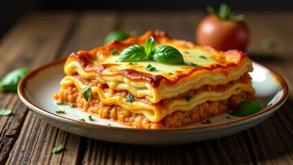 Fototapeta premium A Delicious Serving of Baked Lasagna, Garnished with Fresh Basil and a Side of Tomato