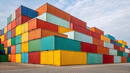 Vibrant Stack of Shipping Containers Under a Cloudy Sky, a Colorful Mosaic of Cargo and Global Trade, Representing International Commerce and Logistics