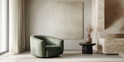 Modern green armchair in minimalist living room with beige walls, wooden side table, and dried flowers.