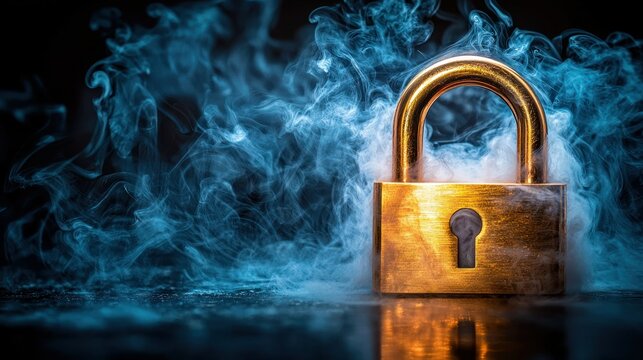 Brass padlock shrouded in blue smoke, signifying data security breach