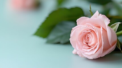 Fototapeta premium A rose in soft pink tones, placed in one corner of the frame â€“ harmonious for banners. 