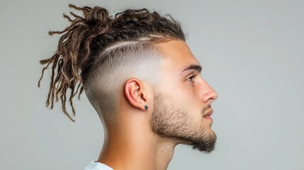 Fototapeta premium A man with shaved sides and long hair on top . 