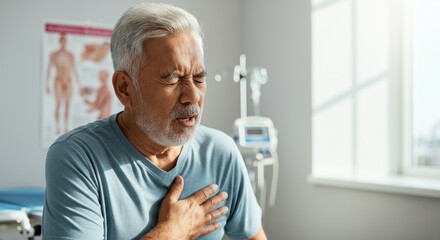 Fototapeta premium Older man in pain clutching chest hospital room, suggesting heart attack or
