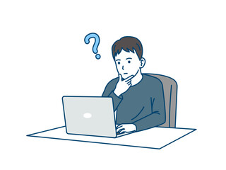 ノートパソコンを使う若い男性のイラスト