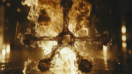 Mysterious Orb Structure Illuminated by Flames and Water in an Abstract Indoor Environment During Nighttime