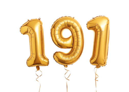 191 Number Shiny Gold Balloon, Celebratory Foil Balloon Decoration. isolated on transparent background, Helium balloons font.