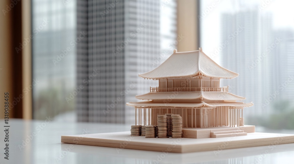 Poster miniature house with roof adorned and stacked items in clear view