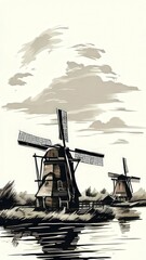 an AI Image Generator, Traditional Windmills Reflecting in a Peaceful Canal
