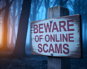 Wooden sign in misty forest warns of online scams, symbolizing internet dangers and the need for online safety and security awareness