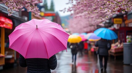 Shoppers walking in the rain under cherry blossoms at farmers market