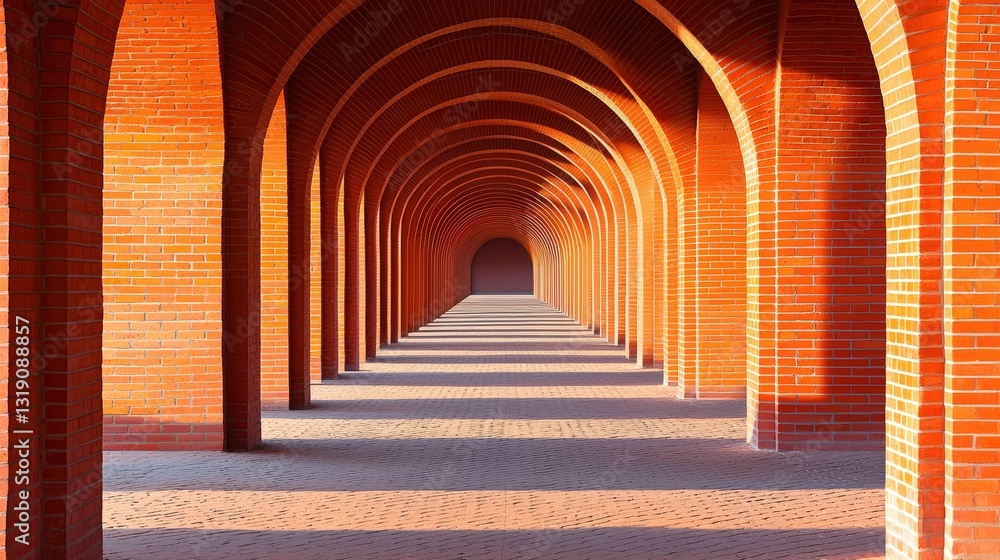 Poster a stunning perspective of brick arches creating a symmetrical passageway, illuminated by warm light 