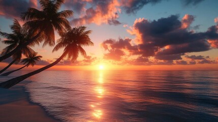 Puesta de sol en una isla de Caribe. Atardecer anaranjado con palmeras.