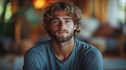 A man sits cross-legged on a striped rug in a modern office space, practicing meditation.