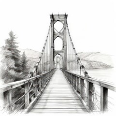 Fototapeta premium an AI Image Generator, Black and White Sketch of a Suspension Bridge