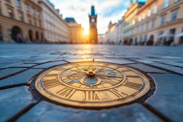 Beautiful Sunset Over Historic Square with Antique Compass and Clock on Cobblestone Street