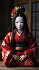 A Japanese kokeshi doll with vibrant kimono patterns and a traditional hairstyle