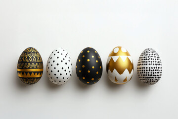 a row of easter eggs in gold, black and white colors on a light background, easter holiday card background