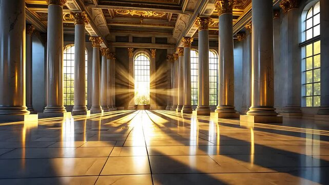 Grand Historic Hall with Ornate Architecture and Sunlight Streaming Through Tall Windows onto Polished Tile Floor

