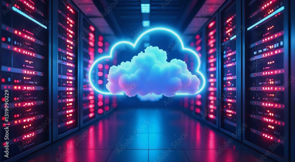 Poster artistic rendering of a data cloud in a vibrant neon-lit server room