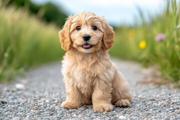 Adorable Light Golden Puppy Sitting on Gravel Path Surrounded by Nature and Greenery