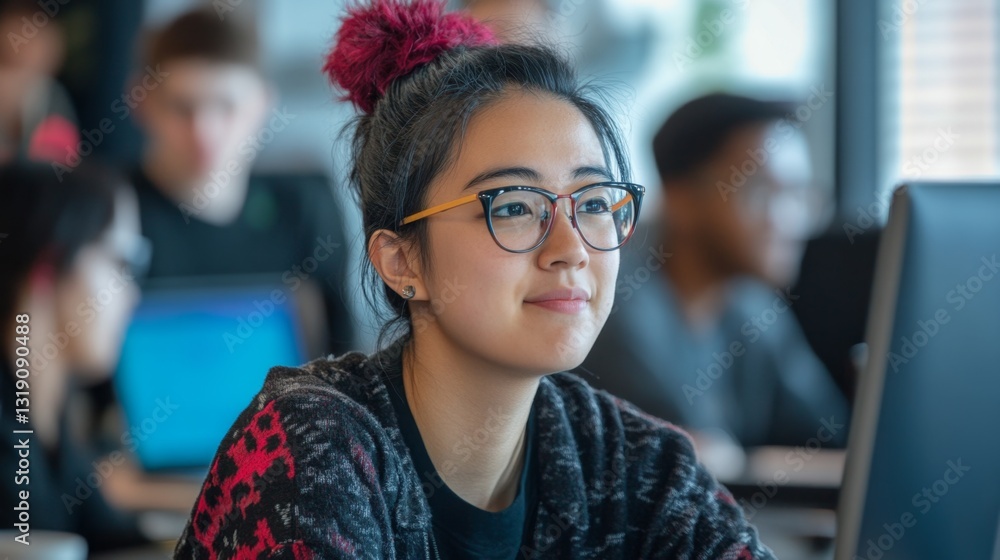Aufkleber non-binary software engineer in diverse team at modern workspace