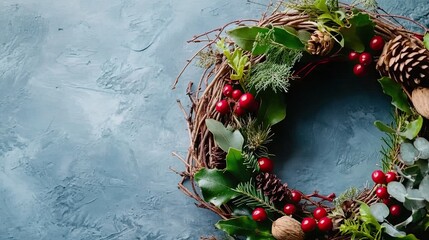 Christmas wreath made of natural flowers and twigs . 