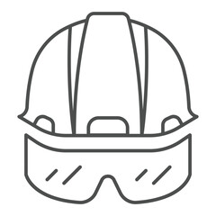 Protective helmet and eyeglasses thin line icon, work safety concept. Vector graphics. Workwear clothes sign on white background, outline style icon for mobile or web design.