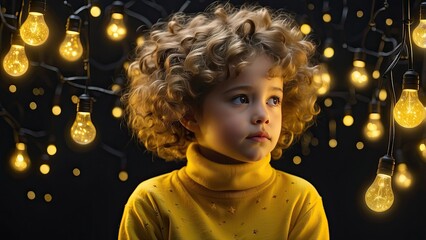 "Boy's Brainstorming Moment: Question Marks and Light Bulb Against a Dark Backdrop"