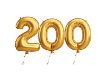 200 Number Shiny Gold Balloon, Celebratory Foil Balloon Decoration. isolated on transparent background, Helium balloons font.