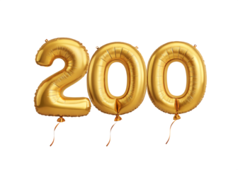 200 Number Shiny Gold Balloon, Celebratory Foil Balloon Decoration. isolated on transparent background, Helium balloons font.