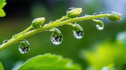 Dew drops on thin flower stems in the morning light . 