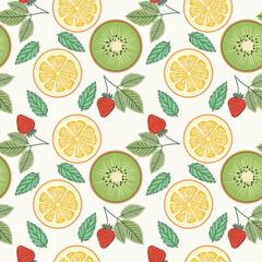 Seamless pattern with Tropical fruit lemon, kiwi, strawberries