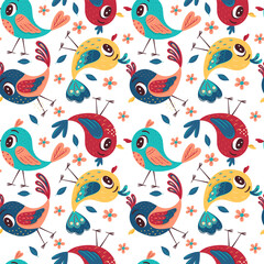 Seamless pattern with cute bright colorful birds, flowers and leaves on a white background. Vector illustration for the design of postcards, clothing, textiles, banners and posters.