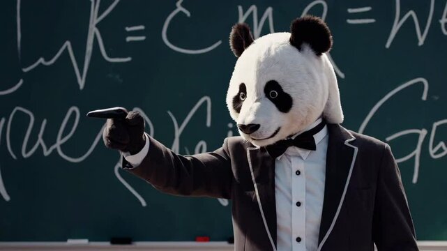 A Surreal Scene in a Classroom Featuring a Figure Dressed in a Panda Mask Costume