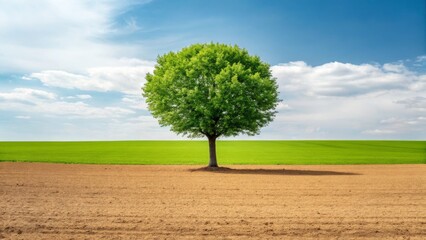 A solitary green tree stands in a vast, open field under a clear blue sky, symbolizing nature and tranquility.