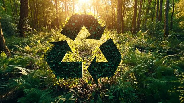 Sunlight filtering through trees emphasizing a leaf-covered recycling logo fostering eco-consciousness