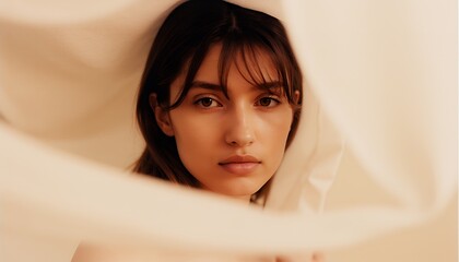 Close Up Portrait of a Young Woman with Soft Beige Fabric Draped Around Her, Warm Lighting