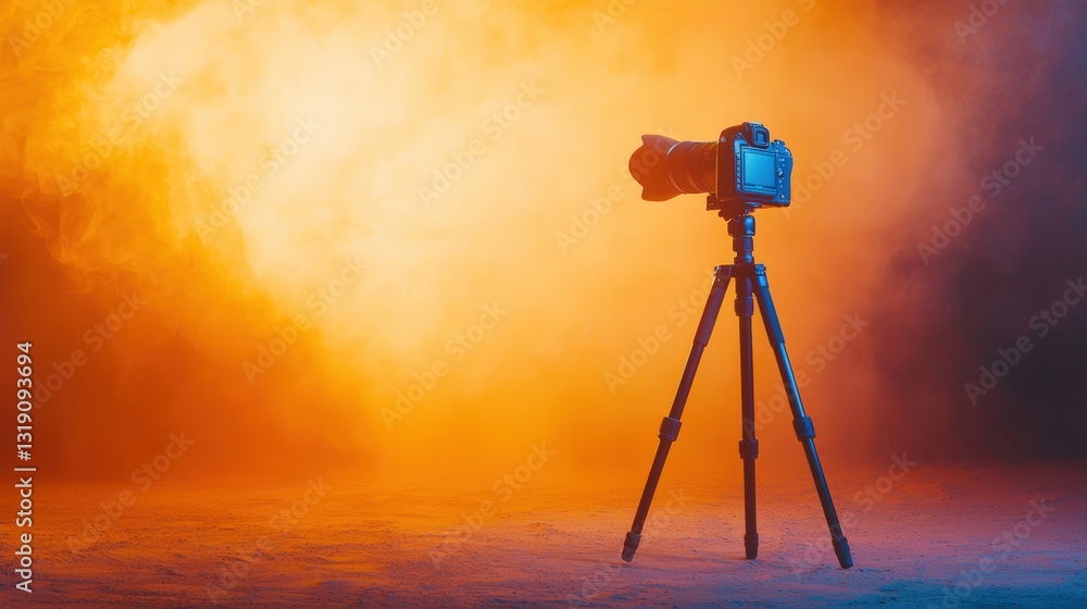 Poster A camera on a tripod stands against a colorful smoky background, creating a dramatic visual effect.
