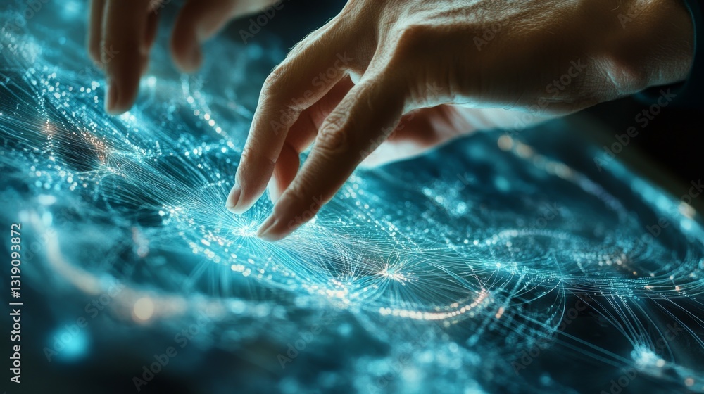 Poster sharp focused mind analyzes complex data on large digital interface