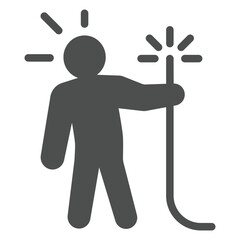 Human holding live electrical wire solid icon, labor protection, worker safety concept. Vector graphics. Man danger sign on white background, glyph style icon for mobile or web design.