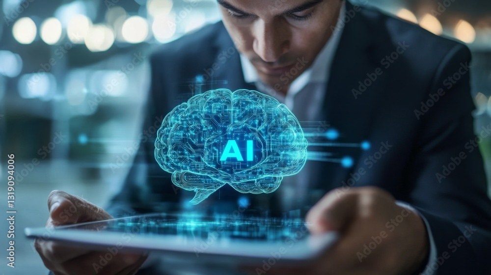 Poster executive deep in thought with ai concept and tablet device