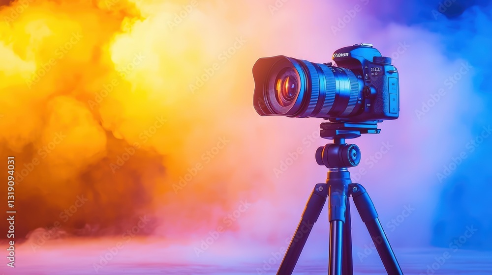 Poster a camera on a tripod is illuminated by colorful smoke, creating a vibrant and artistic atmosphere.
