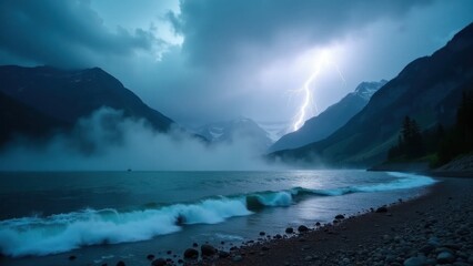 Fototapeta premium Alpine Thunderstorm: Nature’s Fury Over Crystal Waters