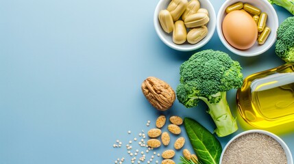 A clean, minimalistic layout featuring assorted nutritional supplements and vitamins that emphasize longevity and sustained vitality.