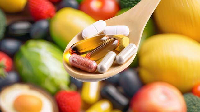 A modern composition featuring a variety of nutritional supplements and vitamins that embody the concept of longevity and wellness.