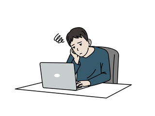 ノートパソコンの前で困る若い男性のイラスト