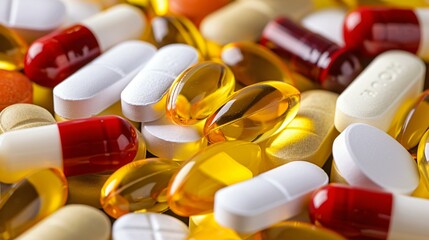 A vibrant arrangement of assorted nutritional supplements and vitamins that captures the essence of longevity and active living.